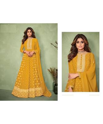 Yellow embroidery georget semi stitch anarkali gowns 3