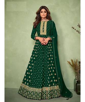 bottle green embroidery georget semi stitch anarkali gowns 1