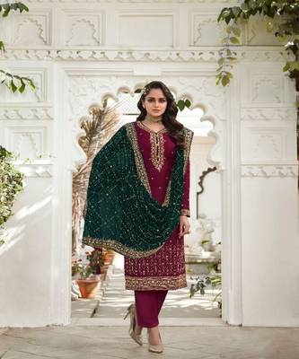 Magenta embroidery georgette semi stitch churidar suits churidar salwar suits 1