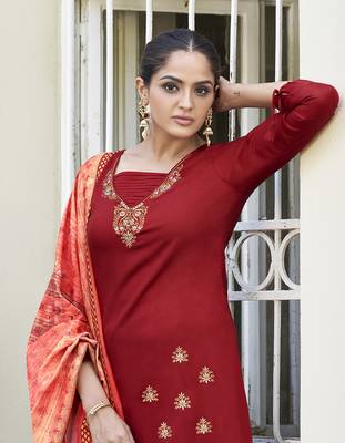Red embroidered rayon salwar kameez 2