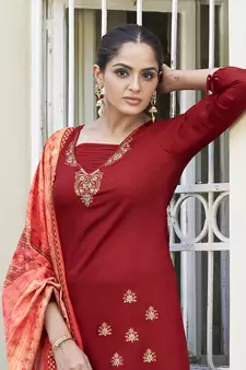 Red embroidered rayon salwar kameez