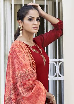 Red embroidered rayon salwar kameez 3