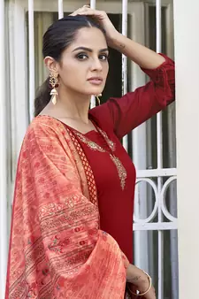 Red embroidered rayon salwar kameez