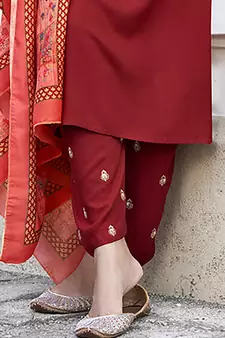 Red embroidered rayon salwar kameez