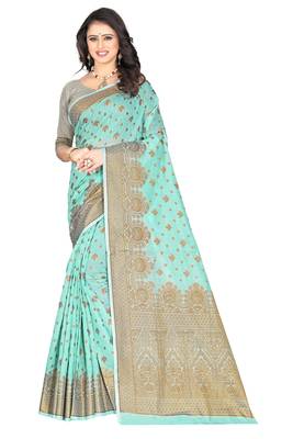   turquoise woven art silk saree with blouse 1
