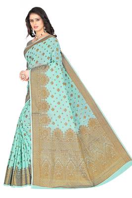   turquoise woven art silk saree with blouse 2