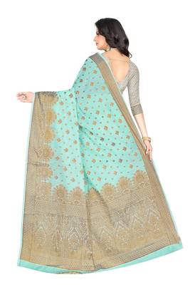   turquoise woven art silk saree with blouse 3