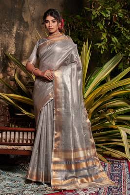 Grey woven tissue saree with blouse 1