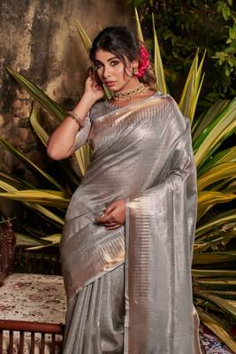 Grey woven tissue saree with blouse 2