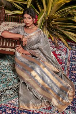Grey woven tissue saree with blouse 3