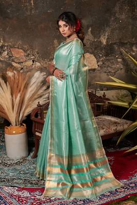 Turquoise woven tissue saree with blouse 1