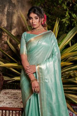 Turquoise woven tissue saree with blouse 2