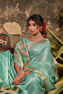 Turquoise woven tissue saree with blouse 3