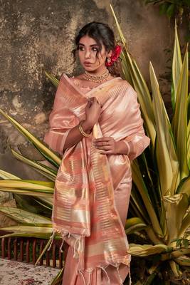 Peach woven tissue saree with blouse 3