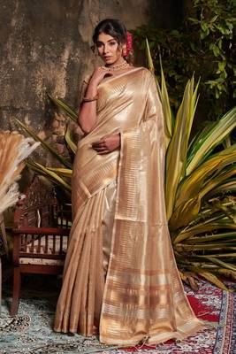 Beige woven tissue saree with blouse 1