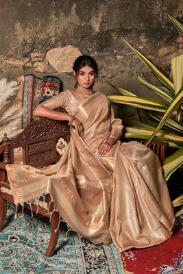 Beige woven tissue saree with blouse 3