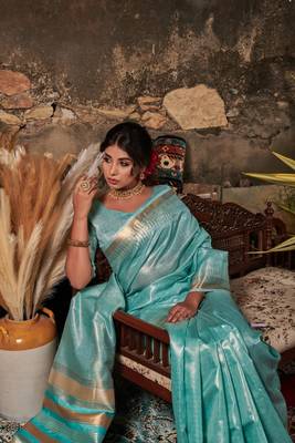 Blue woven tissue saree with blouse 3