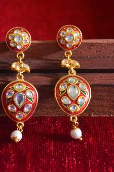 Gold Kundan Meenakari Work danglers-drops