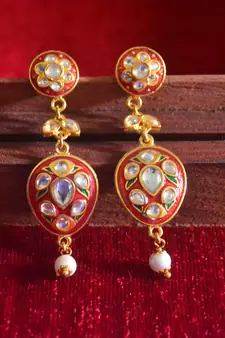 Gold Kundan Meenakari Work danglers-drops
