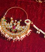  	Designer kundan pearl stone bridal wedding nose ring indian style nath with pearl line