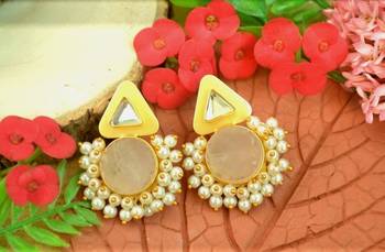 Semi Precious Stone Studs with Kundan work and Bunched Pearls 3