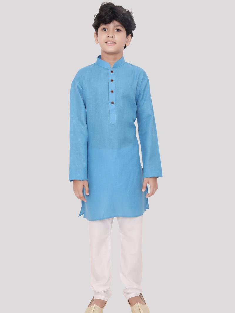 HLOOM Blue plain cotton boys-kurta-pyjama