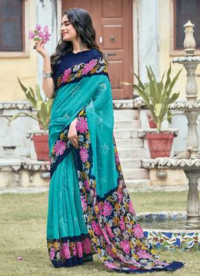 Sky blue printed cotton saree with blouse 1