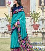 Sky blue printed cotton saree with blouse