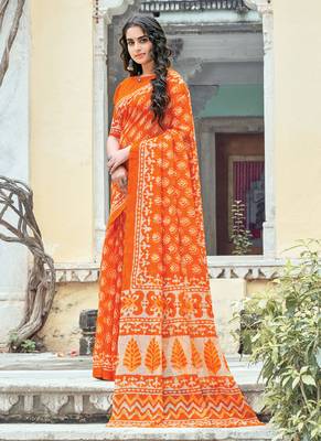 Orange printed cotton saree with blouse 1