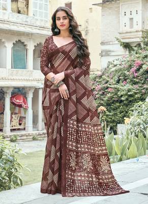 Brown printed cotton saree with blouse 1