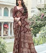 Brown printed cotton saree with blouse