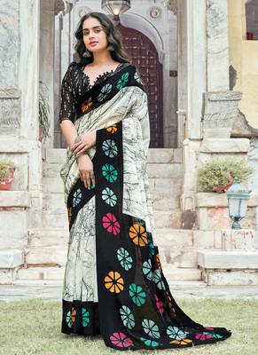 Off white printed cotton saree with blouse 1