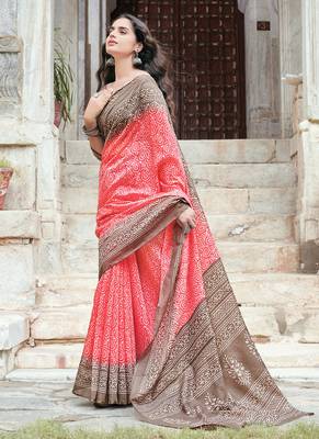 Pink printed cotton saree with blouse 1