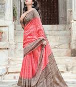 Pink printed cotton saree with blouse