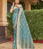 Sky blue woven cotton saree with blouse