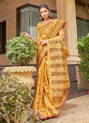 Yellow woven cotton saree with blouse 1