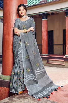 Grey woven linen saree with blouse 1