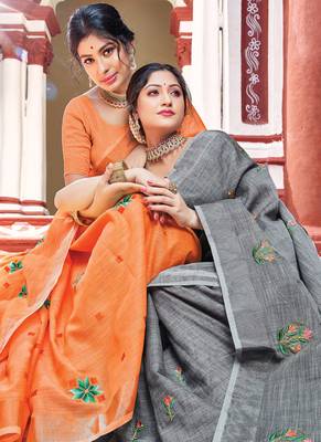 Grey woven linen saree with blouse 2