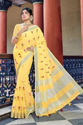 Yellow woven linen saree with blouse 1