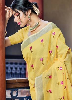 Yellow woven linen saree with blouse 2