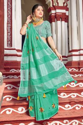 Green woven linen saree with blouse 1
