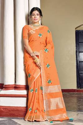 Orange woven linen saree with blouse 1
