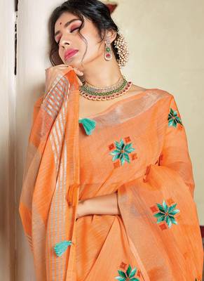 Orange woven linen saree with blouse 2