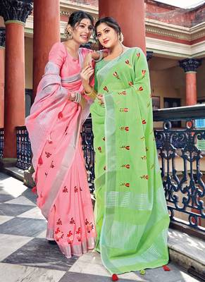 Light green woven linen saree with blouse 2