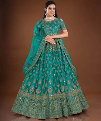 Sapphire Blue Embroidered Soft Net Bridal Lehenga With Blouse 1