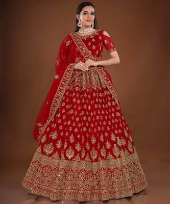 True Red Embroidered Soft Net Bridal Lehenga With Blouse 1