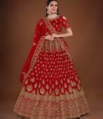 True Red Embroidered Soft Net Bridal Lehenga With Blouse