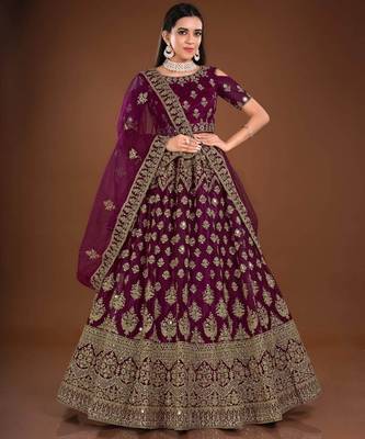 Wine Purple Embroidered Soft Net Bridal Lehenga With Blouse 1