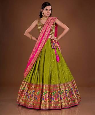 Green or Pink Woven Banarasi Silk Traditional Lehenga Choli 1