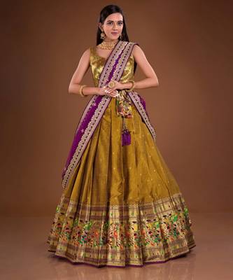 Olive Green or Purple Woven Banarasi Silk Traditional Lehenga Choli 1